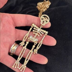 Gold Skeleton Necklace Sparkly Rhinestones, New In Box, 32” long 3” skeleton